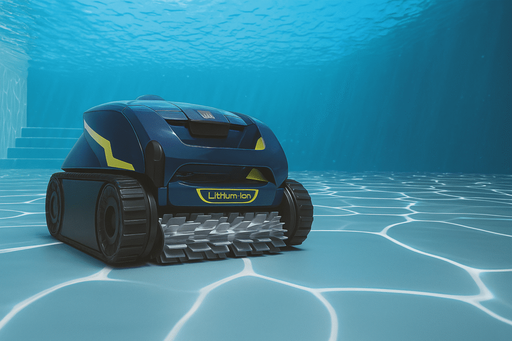 Robot piscine sans fil nettoyant le fond d’une piscine bleue, illustrant un entretien automatique moderne en 2025
